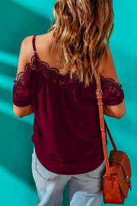 Thumbnail for Spaghetti Strap Cold-Shoulder Lace Trim Blouse