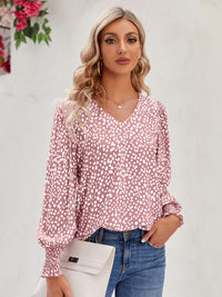 Thumbnail for Printed V-Neck Lantern Sleeve Blouse