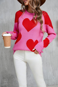 Thumbnail for Angel Wings Contrast Heart Dropped Shoulder Long Sleeve Sweater