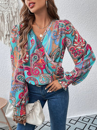 Thumbnail for Printed Surplice Smocked Lantern Sleeve Blouse