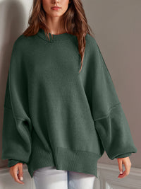 Thumbnail for Double Take Side Slit Round Neck Long Sleeve Sweater