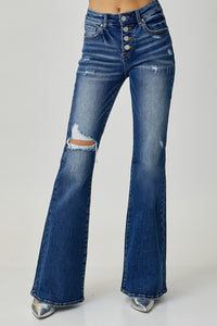 Thumbnail for RISEN Distressed Button-Fly Flare Jeans