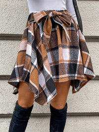 Thumbnail for Tied Plaid Asymmetrical Hem Skirt