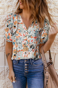 Thumbnail for Floral Tie Neck Shoulder Detail Blouse