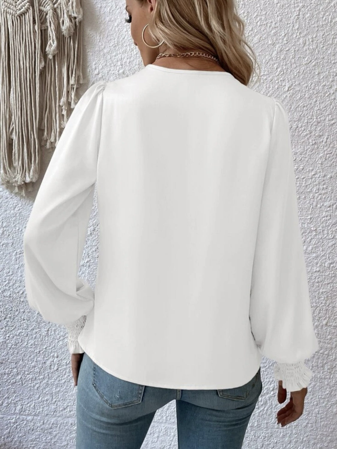 Surplice Smocked Lantern Sleeve Blouse