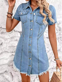 Thumbnail for Raw Hem Button Up Short Sleeve Denim Dress