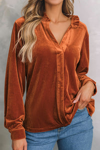 Thumbnail for Notched Frill Detail Long Sleeve Blouse