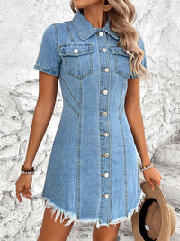 Thumbnail for Raw Hem Button Up Short Sleeve Denim Dress