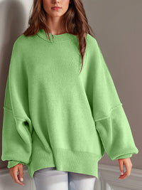 Thumbnail for Double Take Side Slit Round Neck Long Sleeve Sweater