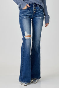 Thumbnail for RISEN Distressed Button-Fly Flare Jeans