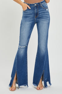 Thumbnail for RISEN Full Size High Rise Front Slit Frayed Hem Flare Jeans