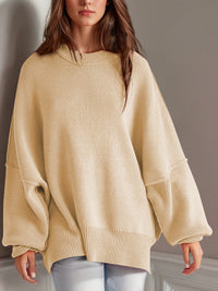 Thumbnail for Double Take Side Slit Round Neck Long Sleeve Sweater