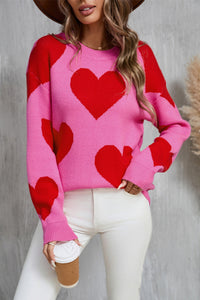 Thumbnail for Angel Wings Contrast Heart Dropped Shoulder Long Sleeve Sweater