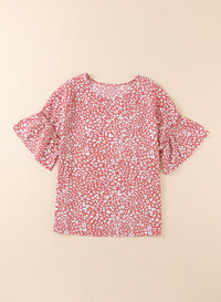 Thumbnail for Leopard Round Neck Frill Trim Blouse