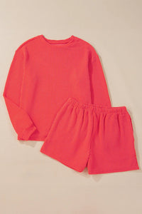 Thumbnail for Round Neck Long Sleeve Top and Shorts Set