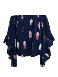 Thumbnail for Feather Print Smocked Off-Shoulder Blouse