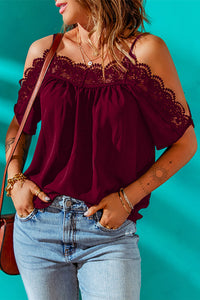 Thumbnail for Spaghetti Strap Cold-Shoulder Lace Trim Blouse