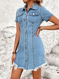 Thumbnail for Raw Hem Button Up Short Sleeve Denim Dress