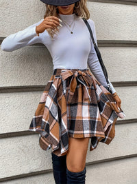 Thumbnail for Tied Plaid Asymmetrical Hem Skirt