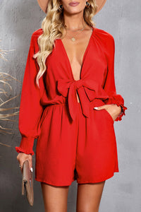 Thumbnail for Tied Flounce Sleeve Plunge Romper