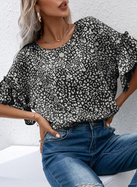 Thumbnail for Leopard Round Neck Frill Trim Blouse