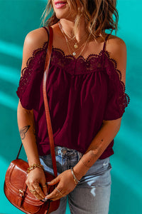 Thumbnail for Spaghetti Strap Cold-Shoulder Lace Trim Blouse