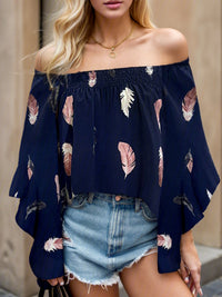 Thumbnail for Feather Print Smocked Off-Shoulder Blouse