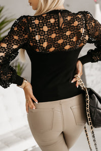 Thumbnail for Hollowed Floral Lace Spliced Long Sleeve Blouse