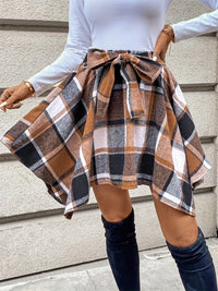 Thumbnail for Tied Plaid Asymmetrical Hem Skirt