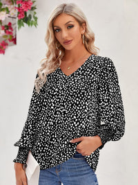 Thumbnail for Printed V-Neck Lantern Sleeve Blouse