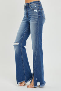 Thumbnail for RISEN Full Size High Rise Front Slit Frayed Hem Flare Jeans