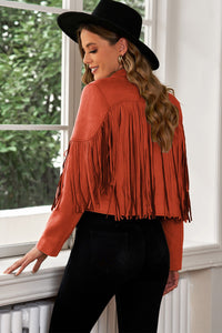 Thumbnail for Fringe Trim Lapel Collar Cropped Blazer