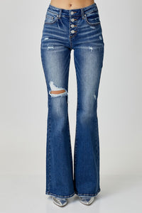 Thumbnail for RISEN Distressed Button-Fly Flare Jeans