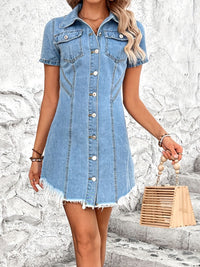 Thumbnail for Raw Hem Button Up Short Sleeve Denim Dress