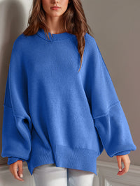 Thumbnail for Double Take Side Slit Round Neck Long Sleeve Sweater