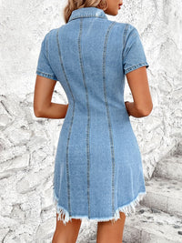 Thumbnail for Raw Hem Button Up Short Sleeve Denim Dress