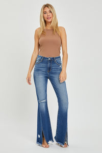 Thumbnail for RISEN Full Size High Rise Front Slit Frayed Hem Flare Jeans