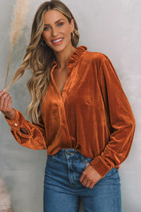 Thumbnail for Notched Frill Detail Long Sleeve Blouse