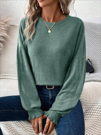 Thumbnail for Ribbed Round Neck Lantern Sleeve T-Shirt