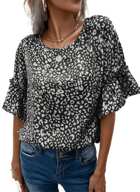 Thumbnail for Leopard Round Neck Frill Trim Blouse