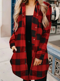 Thumbnail for Plaid Collared Neck Snap Down Long Sleeve Jacket