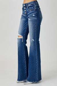 Thumbnail for RISEN Distressed Button-Fly Flare Jeans