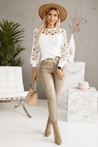 Thumbnail for Hollowed Floral Lace Spliced Long Sleeve Blouse