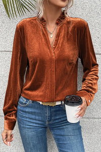 Thumbnail for Notched Frill Detail Long Sleeve Blouse