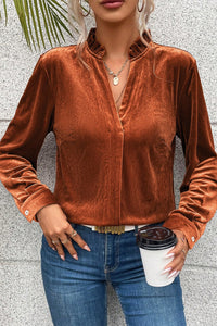 Thumbnail for Notched Frill Detail Long Sleeve Blouse