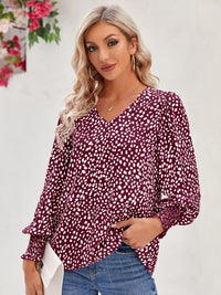 Thumbnail for Printed V-Neck Lantern Sleeve Blouse