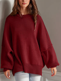 Thumbnail for Double Take Side Slit Round Neck Long Sleeve Sweater