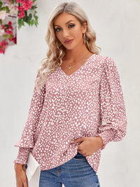 Thumbnail for Printed V-Neck Lantern Sleeve Blouse