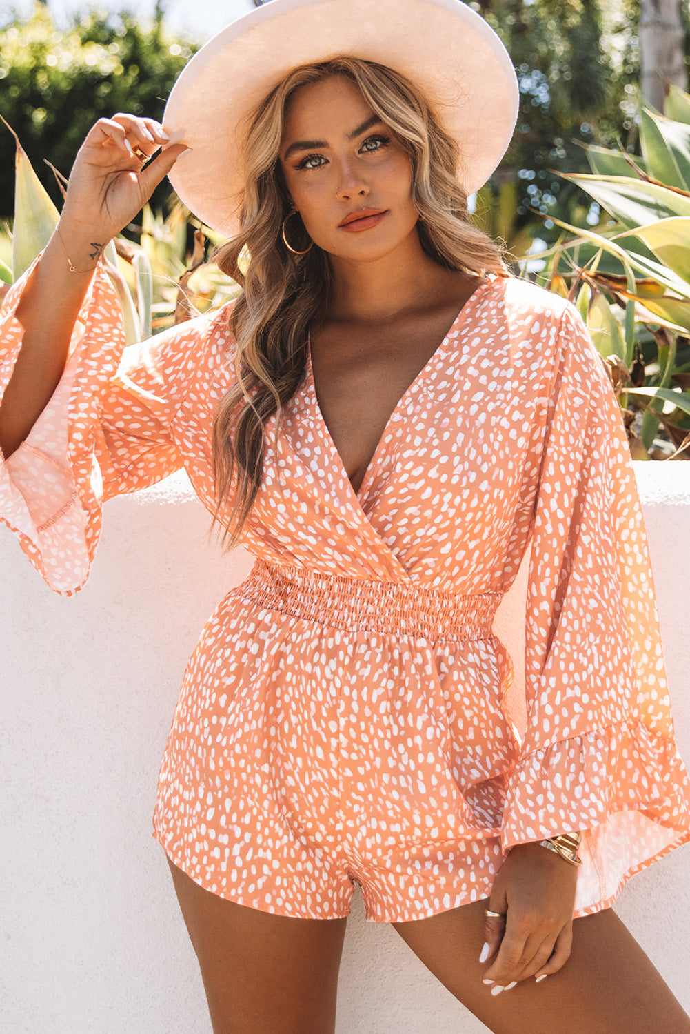 Double Take Printed Flare Sleeve Surplice Romper