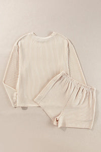 Thumbnail for Round Neck Long Sleeve Top and Shorts Set